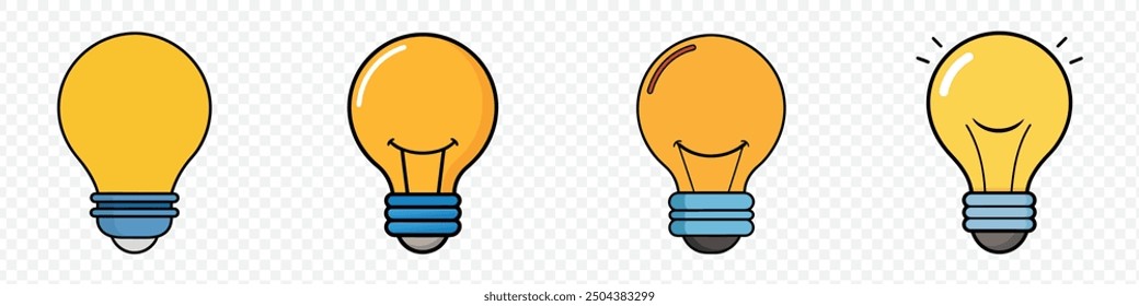 Lightbulb icon on light background. Idea symbol. Electric lamp, lights, innovation, Light bulb with rays shine. Collection of Signs of Lightbulbs. Light bulb icon set. Lamp icons. Idea light bulb