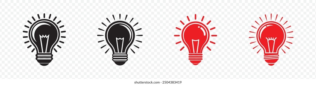 Lightbulb icon on light background. Idea symbol. Electric lamp, lights, innovation, Light bulb with rays shine. Collection of Signs of Lightbulbs. Light bulb icon set. Lamp icons. Idea light bulb