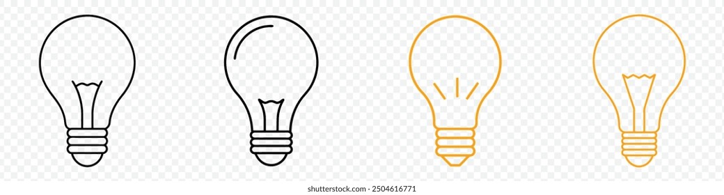 Icono de la bombilla en fondo claro. Símbolo de la idea. Lámpara eléctrica, luces, innovación, bombilla con rayos brillan. Colección de señales de bombillas. Conjunto de iconos de bombilla. Iconos de la lámpara. Idea bombilla