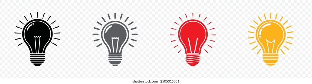 Lightbulb icon on light background. Idea symbol. Electric lamp, lights, innovation, Light bulb with rays shine. Collection of Signs of Lightbulbs. Light bulb icon set. Lamp icons. Idea light bulb