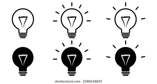 Lightbulb icon on light background. Idea symbol. Electric lamp, lights, innovation, Light bulb with rays shine. Collection of Signs of Lightbulbs. bulb icons. Light bulb icons. Lamp icons. eps 888