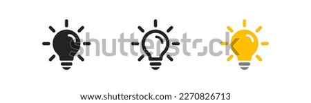 Lightbulb icon on light background. Idea symbol. Electric lamp, light, innovation, solution, creative thinking, electricity. Outline, flat and colored style. Flat design. 