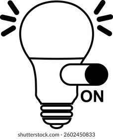 Lightbulb icon on light with ON mode switch. Idea symbol. Electric lamp, light, innovation, solution, creative thinking, electricity. Outline style. Flat icon vector design illustration. 
