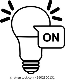 Lightbulb icon on light with ON mode switch. Idea symbol. Electric lamp, light, innovation, solution, creative thinking, electricity. Outline style. Flat icon vector design illustration. 