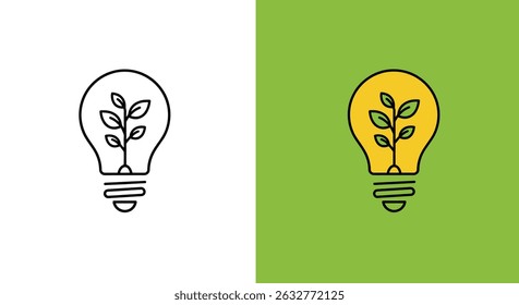 Um ícone de lâmpada com uma planta crescendo dentro, representando ideias ecológicas e energia sustentável.