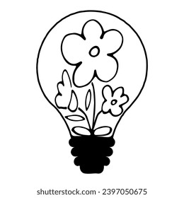 Lightbulb icon with plants - green nature energy concept. Green natural electricity. Renewable and sustainable energy. Hand drawn vector doodles in line style. 