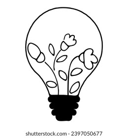 Lightbulb icon with plants - green nature energy concept. Green natural electricity. Renewable and sustainable energy. Hand drawn vector doodles in line style. 