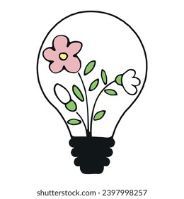 Lightbulb icon with plants - green nature energy concept. Green natural electricity. Renewable and sustainable energy. Hand drawn vector doodles in line style. 