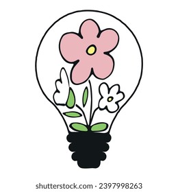 Lightbulb icon with plants - green nature energy concept. Green natural electricity. Renewable and sustainable energy. Hand drawn vector doodles in line style. 