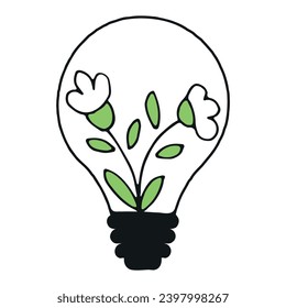 Lightbulb icon with plants - green nature energy concept. Green natural electricity. Renewable and sustainable energy. Hand drawn vector doodles in line style. 
