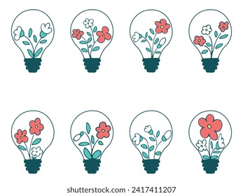 Lightbulb icon with plants - green nature energy concept. Green natural electricity. Renewable and sustainable energy. Hand drawn vector doodles in line style. 