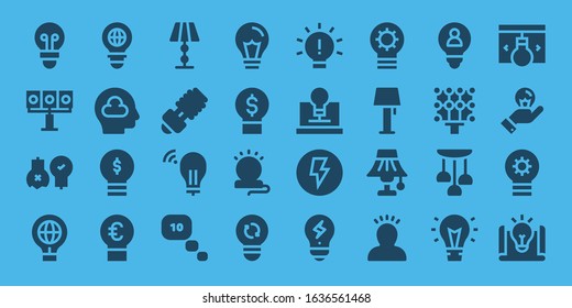 lightbulb icon set. 32 filled lightbulb icons. Included Lightbulb, Illumination, Ideas, Idea, Bulb, Thinking, Lamp, Light, Creativity, Electricity icons