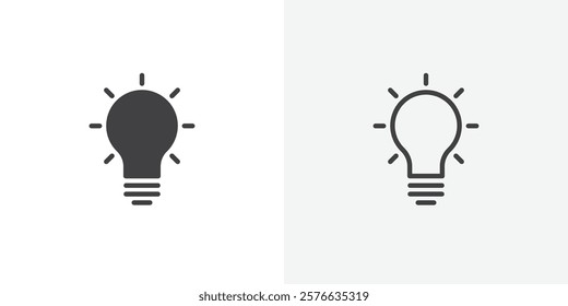 Lightbulb icon set in black flat solid and outlined style.