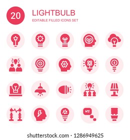 lightbulb icon set. Collection of 20 filled lightbulb icons included Idea, Lightbulb, Think, Thinking, Light, Lights, Lamp, Electricity, Brainstorm, Bulb