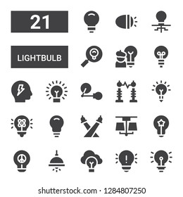 lightbulb icon set. Collection of 21 filled lightbulb icons included Idea, Lamp, Lights, Light, Inspiration, Electricity, Lightbulb, Brainstorm