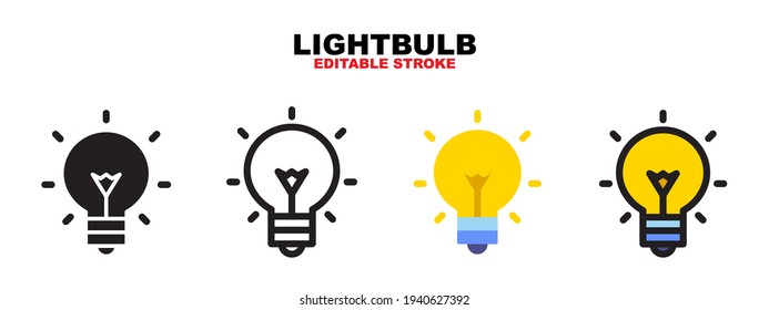 Lightbulb icon set with different styles. Colored vector icons designed in filled, outline, flat, glyph and line colored. Editable stroke and pixel perfect. Can be used for web, mobile, ui and more.