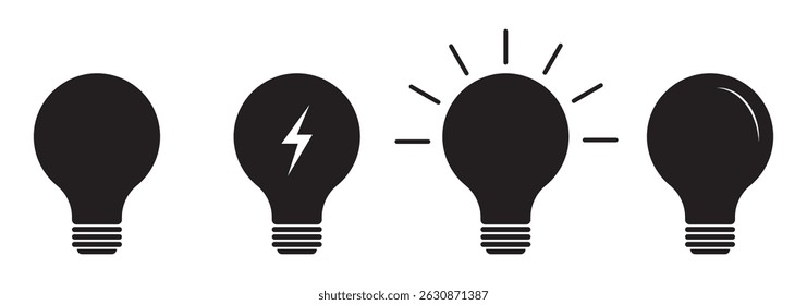 Conjunto de iconos de bombilla. Lámpara eléctrica, electricidad, luz. Color amarillo y negro. Ilustración vectorial.