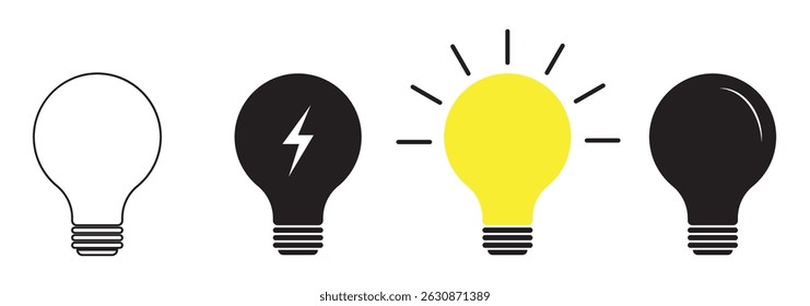 Lightbulb icon set. Electric lamp, electricity, light. Yellow and Black color. Vector illustration.