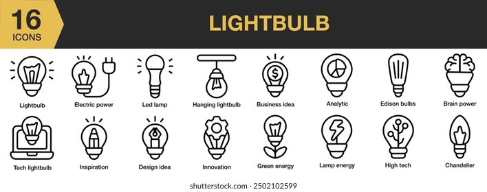 Lightbulb icon set. Includes brain power, electric power, edison bulb, chandelier, led lamp, and More. Outline icons vector collection.