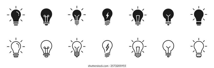 Lightbulb icon set. Light bulb linear icon. Idea and creativity symbol. Electric lamp, electricity, light. Vector illustration.