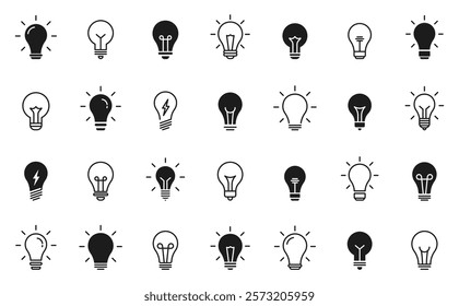 Lightbulb icon set. Light bulb linear icon. Idea and creativity symbol. Electric lamp, electricity, light. Vector illustration.