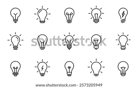 Lightbulb icon set. Light bulb linear icon. Idea and creativity symbol. Electric lamp, electricity, light. Editable stroke. Vector illustration.