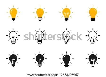 Lightbulb icon set. Light bulb linear icon. Idea and creativity symbol. Electric lamp, electricity, light. Vector illustration.