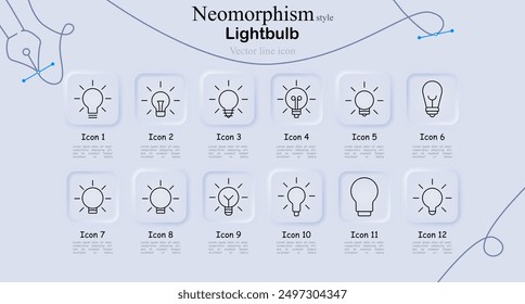 Lightbulb icon set in neomorphism style. Various lightbulb designs, glowing, illumination, electricity, innovation, energy, brightness, vector line art, symbols, technology