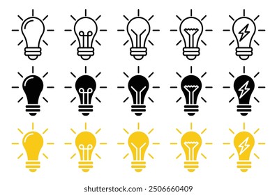Lightbulb icon set on a light background. Represents an idea symbol, electric lamp, light, innovation, solution, and creative thinking. Available in outline, flat, and colored styles