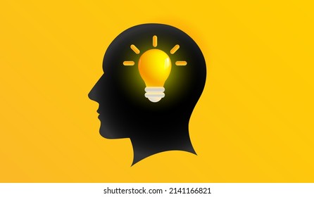 Lightbulb icon with sparkle on human head. Ideas and creative thinking sign or symbol design concept and yellow backround. 3d vector illustration