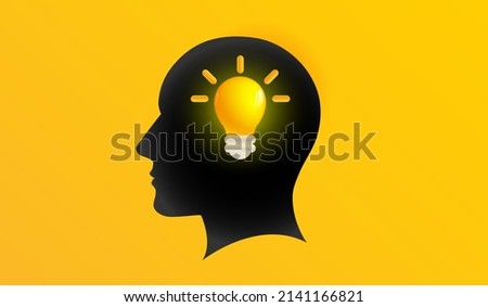 Lightbulb icon with sparkle on human head. Ideas and creative thinking sign or symbol design concept and yellow backround. 3d vector illustration