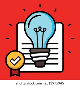 A lightbulb icon symbolizing an idea or patent approval with a checkmark badge on a red background.