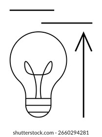 Lightbulb icon with an upward arrow and two horizontal lines representing ideas, progress, and growth. Ideal for business, education, startups, innovation, goals technology and success themes. Line
