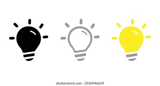 Ícone de lâmpada, vetor, ideia, isolado, logotipo. Símbolo de ideia. Lâmpada elétrica, luz, inovação, solução, pensamento criativo, eletricidade. Contorno, estilo plano e colorido. Design plano.