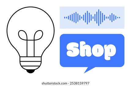 Lightbulb icon with a voice waveform and a blue speech bubble containing the word shop. Ideal for technology retail creativity ecommerce innovation and communication