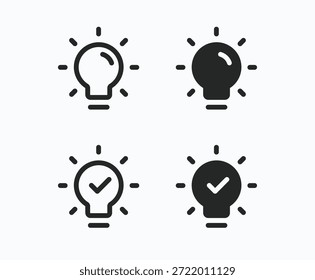 Ilustração vetorial da coleção de ícones de lâmpada. Fundo claro. Símbolo de ideia. Lâmpada com marca de seleção, informações visionárias, conclusão. Lâmpada elétrica, luz, inovação, solução, ícone do pensamento criativo