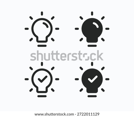 Lightbulb icons collection vector illustration. Light background. Idea symbol. Bulb with checkmark, visionary info, conclusion. Electric lamp, light, innovation, solution, creative thinking icon