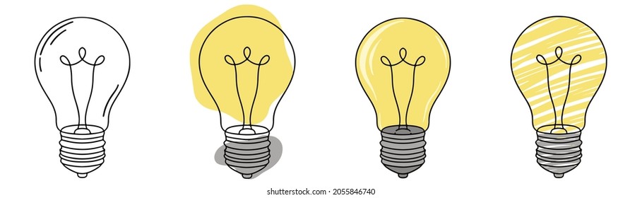 Lightbulb icons in doodle. Idea light bulb set in sketch. Hand drawn icons