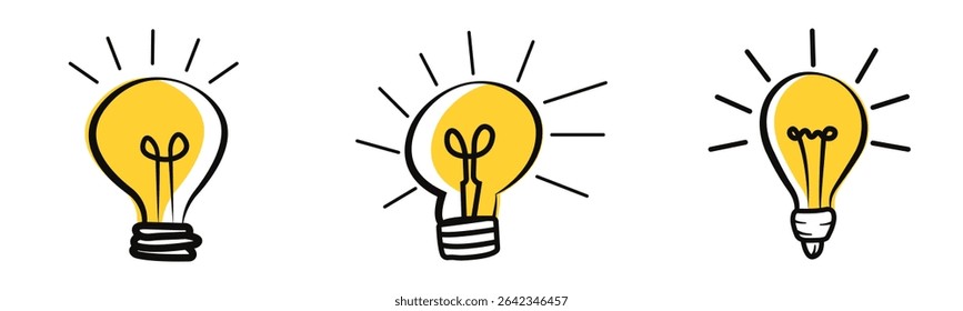 Lightbulb icons in playful doodle art style, representing creative ideas and innovation concepts, suitable for educational materials, brainstorming presentations, and creative projects.