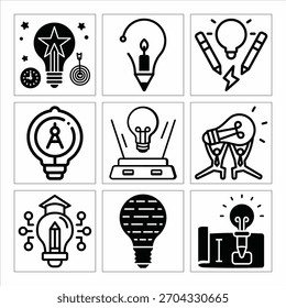 Iconos de bombillas que representan conceptos creativos e innovación en negocios y tecnología