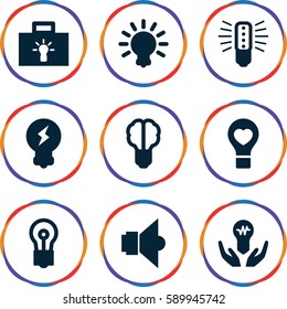lightbulb icons set. Set of 9 lightbulb filled icons such as bulb, bulb heart