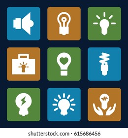Lightbulb icons set. set of 9 lightbulb filled icons such as bulb, bulb heart, fluorescent lamp, lamp