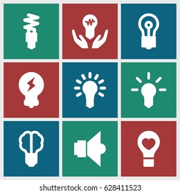 Lightbulb icons set. set of 9 lightbulb filled icons such as bulb, bulb heart, fluorescent lamp