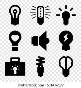 Lightbulb icons set. set of 9 lightbulb filled icons such as bulb, bulb heart, fluorescent lamp, lamp