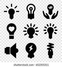 Lightbulb icons set. set of 9 lightbulb filled icons such as bulb, bulb heart, fluorescent lamp