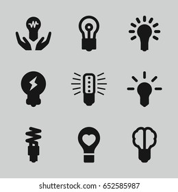 Lightbulb icons set. set of 9 lightbulb filled icons such as bulb, bulb heart