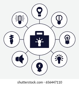 Lightbulb icons set. set of 9 lightbulb filled icons such as bulb, bulb heart, fluorescent lamp