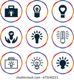 Lightbulb icons set. set of 9 lightbulb filled and outline icons such as bulb