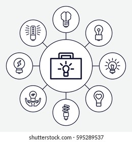 lightbulb icons set. Set of 9 lightbulb outline icons such as bulb, bulb heart