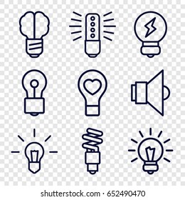 Lightbulb icons set. set of 9 lightbulb outline icons such as bulb, bulb heart, fluorescent lamp, lamp